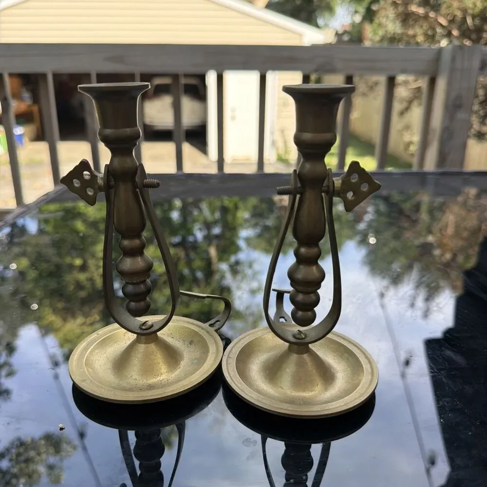 Vintage Pair 2 Brass Gimbal Swivel Nautical Ships Chamberstick Candle Holder 6”